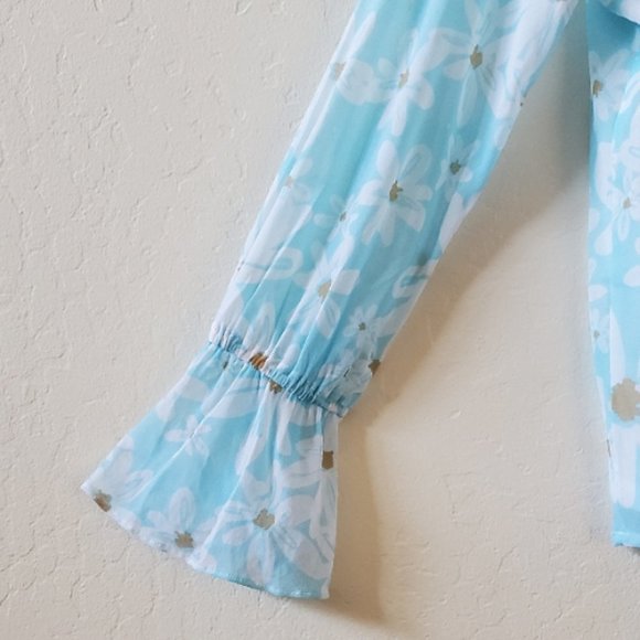 Alfani Sheer Powder Blue with White Floral Raglan Long Sleeves Top Small NWT - Picture 3 of 7